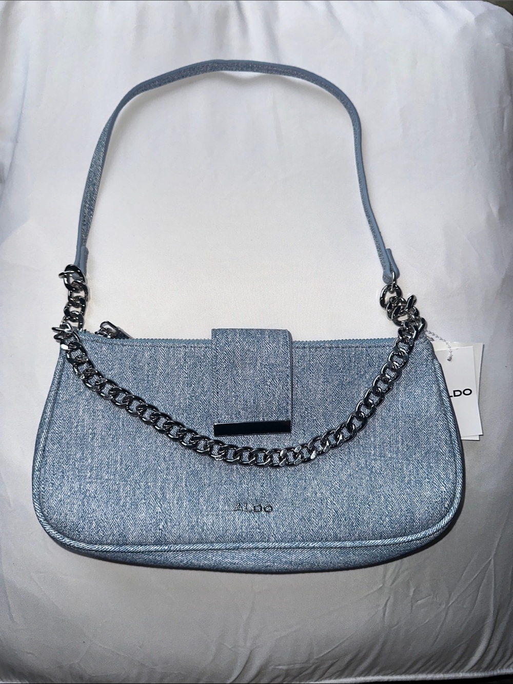 Aldo Light Blue Denim Shoulder Bag with Silver Chain